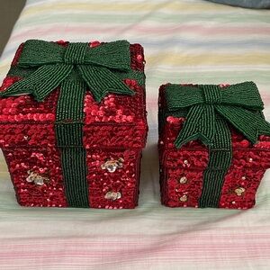 2 Christmas Trinket Boxes Sequins Beaded Christmas Decor
